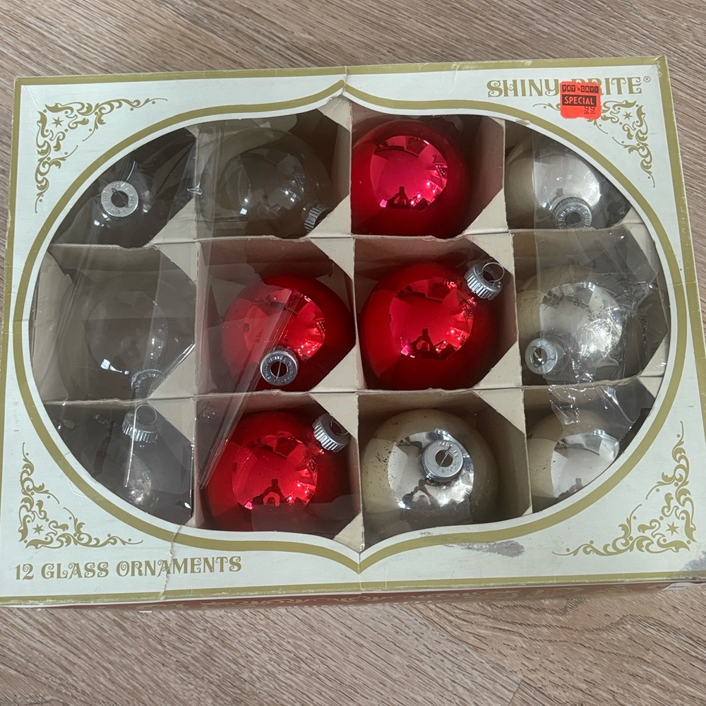 Vintage‎ Shiny Brite Glass Ornaments Red Silver Clear Set of 12 w Box